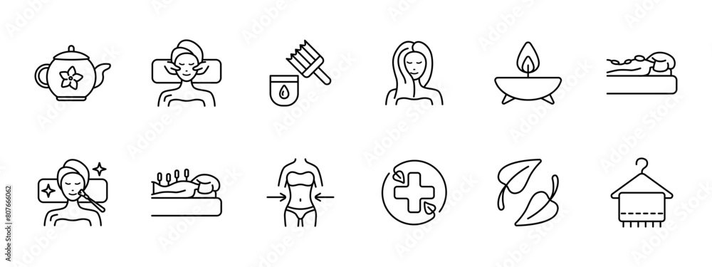 Fototapeta premium Relax set icon. Tea, tea ceremony, facial massage, acupuncture, cream, oils, healthy and strong hair, aroma candle, stone therapy, towel, weight loss, cross, traditional medicine. Sauna concept.