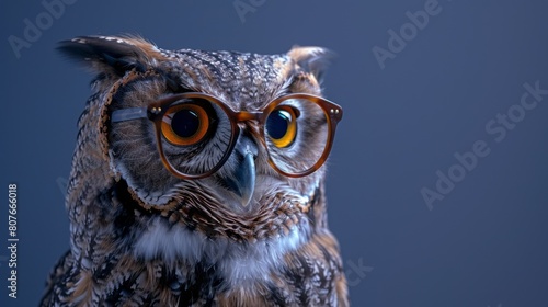 An owl wearing horn-rimmed glasses is looking at the camera with a curious expression. photo