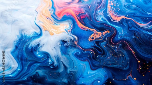 Blue and white abstract painting with vibrant colors and a fluid texture.