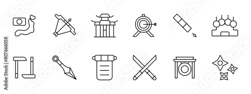 Japan set icon. Flag, country, island, map, bow, temple, Japanese architecture, blowpipe, kunai, gong, Newton pendulum, manuscript, katanas, cross swords, shuriken. Japanese aesthetics concept.