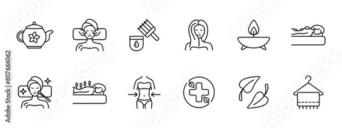 Relax set icon. Tea, tea ceremony, facial massage, acupuncture, cream, oils, healthy and strong hair, aroma candle, stone therapy, towel, weight loss, cross, traditional medicine. Sauna concept.