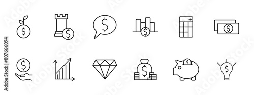 Profit set icon. Coin, sprout, tower, earnings strategy, statistic, money, diagram, growth, capital, savings, piggy bank, idea, startup, light bulb, dolor, making money. Asset multiplication concept.