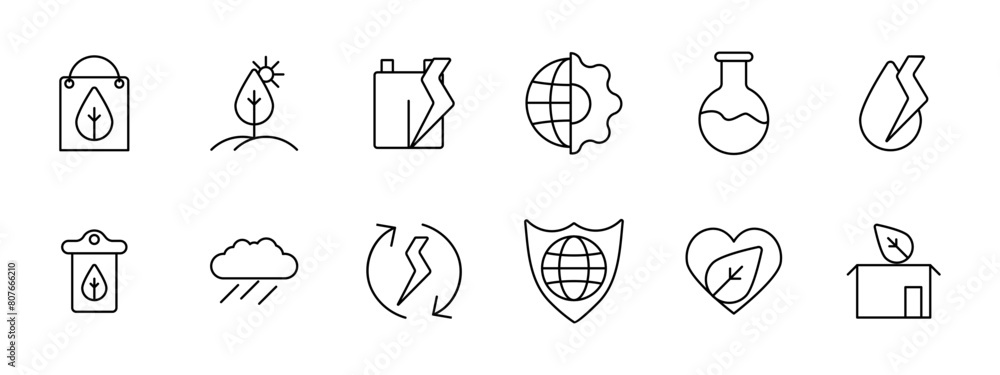 Ecology set icon. Package, sprout, foliage, plastic recycling, symbiosis of nature and man, earth, flask, moly, rain, cycle, conversion, shield, protecting planet, heart. Environment care concept. Ecology set icon. Package, sprout, foliage, plastic recycling, symbiosis of nature and man, earth, flask, moly, rain, cycle, conversion, shield, protecting planet, heart. Environment care concept.