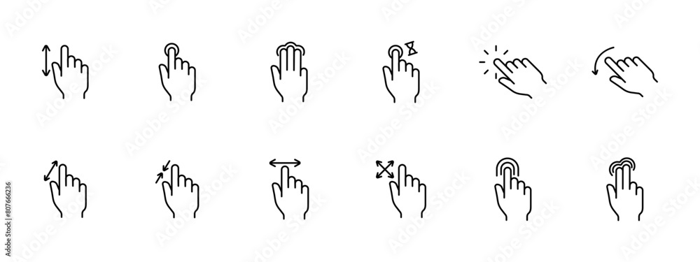 Clicks set icon. Press, double touch, 3D touch, zoom out, zoom in, swipe, shift, rotate, scroll, delay, load, left finger, hand, palm, feed, triple tap. Gestures concept. Clicks set icon. Press, double touch, 3D touch, zoom out, zoom in, swipe, shift, rotate, scroll, delay, load, left finger, hand, palm, feed, triple tap. Gestures concept.