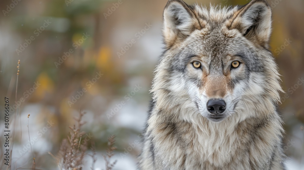 Naklejka premium A beautiful close up of a wild gray wolf in the winter snow.