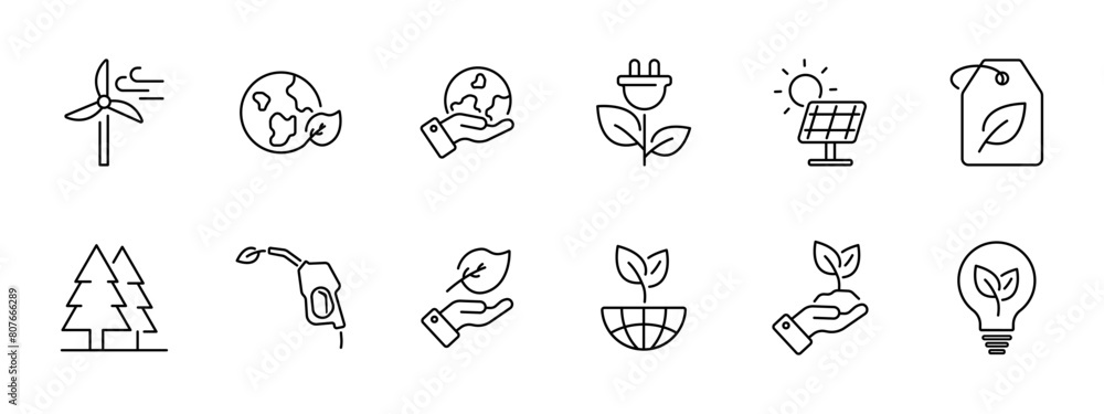 Ecology set icon. Windmill, earth, plant, nature, hand, ecological food, charging cable, solar panel, solar energy, tag, natural product, biofuel, sprout. Environment care concept.