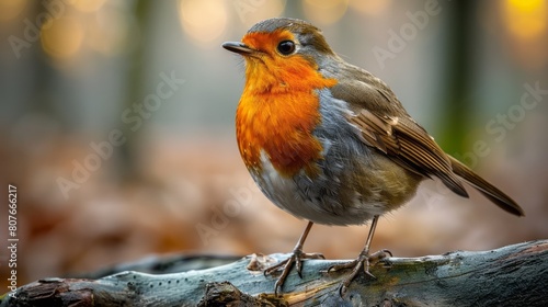 A cute European robin perches on a branch in the forest. photo