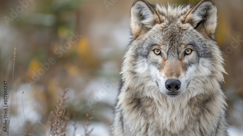 A beautiful close up of a wild gray wolf in the winter snow.