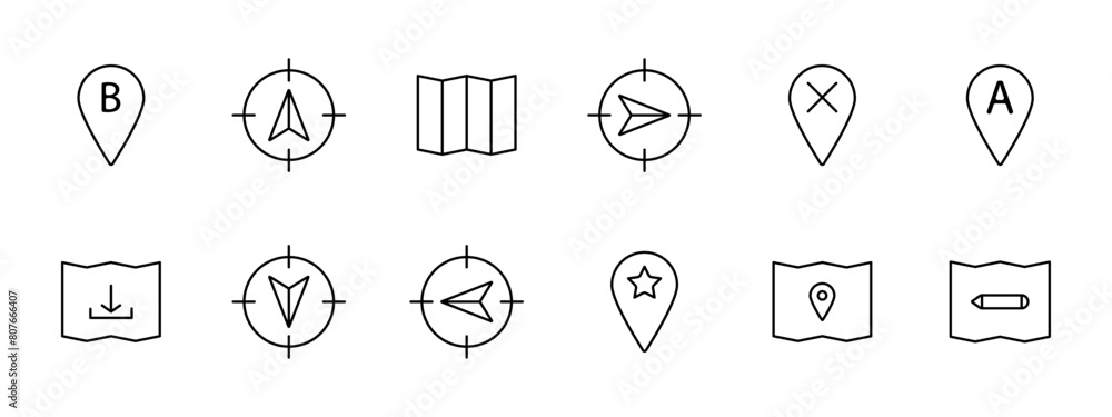 Navigator set icon. B, location, pointer, mark, pointer, tip, map, cross, A, up, down, left, right, asterisk, pencil, mark, map, chart. Orientation in space concept. Navigator set icon. B, location, pointer, mark, pointer, tip, map, cross, A, up, down, left, right, asterisk, pencil, mark, map, chart. Orientation in space concept.