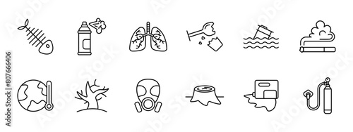 Waste set icon. Fish skeleton, refuse, tailings, cheeseparings, spray can, paint, lungs, glass, plastic, garbage in water, environmental pollution, gas mask, dead tree, wood cutting. Refuse concept.