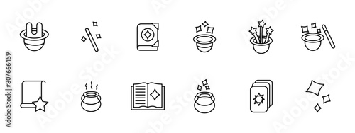 Focus set icon. Rabbit ears in hat, magic wand, grimoire, witchcraft book, sparks, stars, enchantment, theurgy, cards, scintilla, bottle. Magic concept.