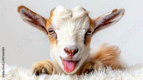 Funny goat sticking its tongue out photo