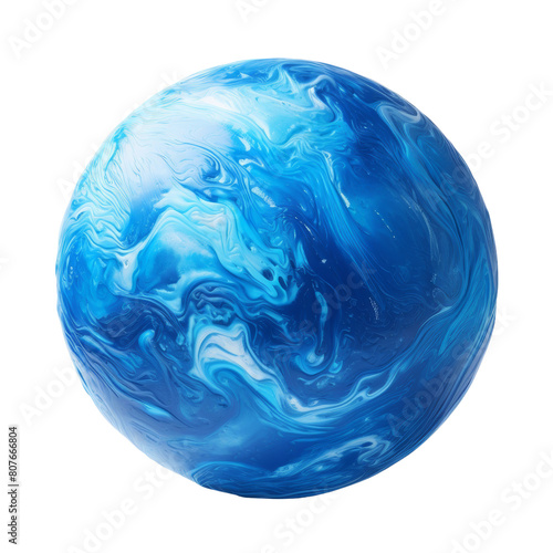 The image shows a beautiful blue planet with white clouds swirling around it.