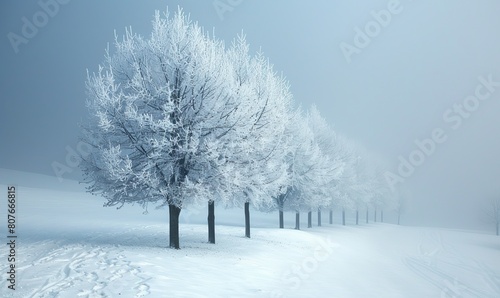 snow covered trees in the fog