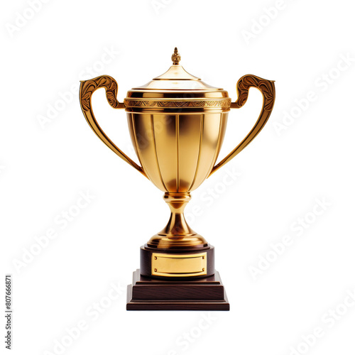 The image shows a gold trophy with a brown base. Isolated on transparent background.