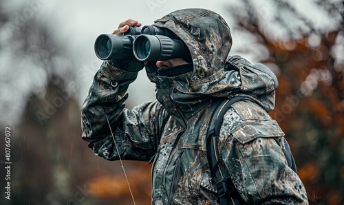 A man in full camouflage stands looking through binoculars while bowhunting photo