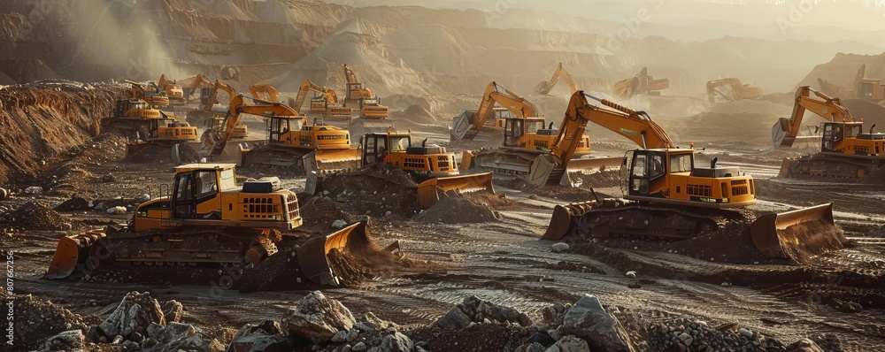 A large fleet of heavy machinery is working in a quarry A large fleet of heavy machinery is working in a quarry