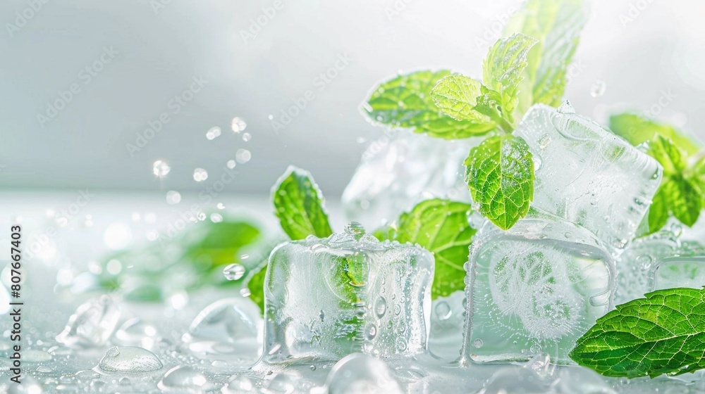 green peppermint leaves in ice cubes, light background, side view green peppermint leaves in ice cubes, light background, side view