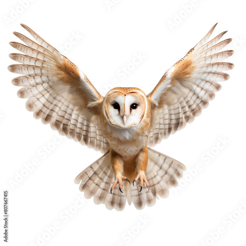 Flying common barn owl isolated on transparent background