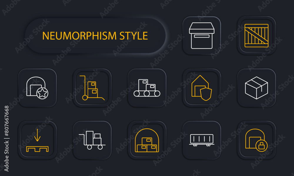 Delivery set icon. Online shopping, box, port, sea container, stuffing, warehouse, star, hangar, box, shield, lock, stretcher, cardboard box, neomorphism. Cargo transportation concept. Delivery set icon. Online shopping, box, port, sea container, stuffing, warehouse, star, hangar, box, shield, lock, stretcher, cardboard box, neomorphism. Cargo transportation concept.