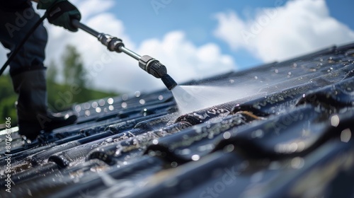 Professional roofing service depicted with a worker operating a pressure washer, focusing on the technique and roof condition photo