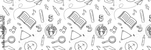 Back to school doodle seamless pattern. Hand drawn background with school supplies and creative elements. Back To School Background for advertising, banners, leaflets and flyers. Vector illustration.