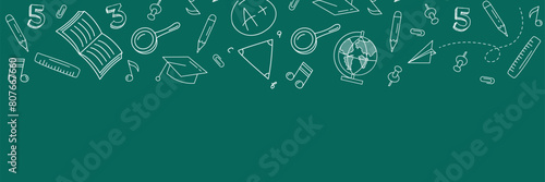 Back to school concept in chalk doodle style on blackboard. Banner template with school supplies frame. Template of a school poster with hand drawn accessories and copyspace. Vector illustration