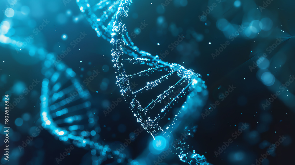 The image shows a 3D rendering of a DNA double helix. The blue and ...