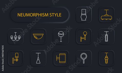 Icon set lamps. Lamps, fixtures, lighting, light, chandelier, luminous sign, light bulb, illumination, lantern, variety, tube, illuminator, glow, luster, neomorphism. Choice concept.