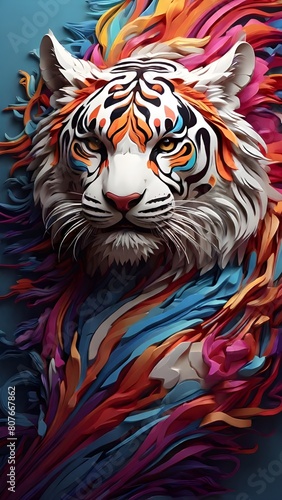 3D vector rainbow colored  wavy fractal neon white Tiger head.