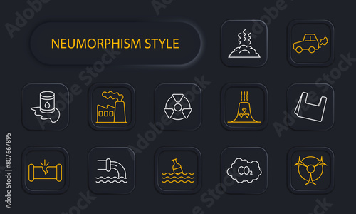 Waste set icon. Car, refuse, tailings, cheeseparings, cracked pipe, bottle, water, garbage in ocean, radiation, rubbish, nuclear plant, nuclear waste, CO2, carbon gas, neomorphism. Refuse concept.