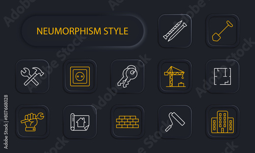 Construction set icon. Shovel, key, hand, wall, brick, hammer, cross, bunch of keys, nail, screw, crane, houses, construction plan, roller, neomorphism, painting, apartment layout. Building concept.