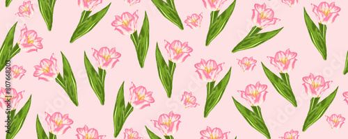Digital watercolor repeating pink tulip floral pattern for spring design