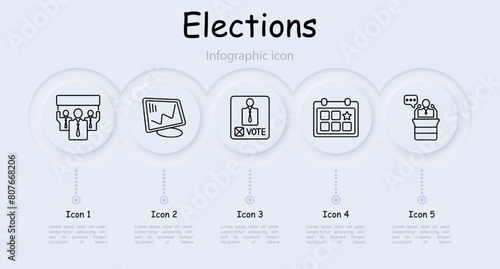 Elections set icon. Vote, candidate, speech, calendar, voting, percentage, diagram, statistics, infographic, neomorphism, people's opinion, passport. Electoral campaign concept.