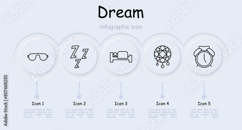 Dream set icon. Slumber, repose, bed, alarm clock, dream catcher, Z, snoring, melatonin, pillow, infographic, sleep cap, neomorphism, black on white. Sleep concept.