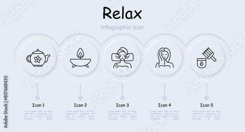 Relax set icon. Tea, tea ceremony, facial massage, acupuncture, cream, oils, healthy and strong hair, aroma candle, infographic, towel, weight loss, neomorphism, traditional medicine. Sauna concept.