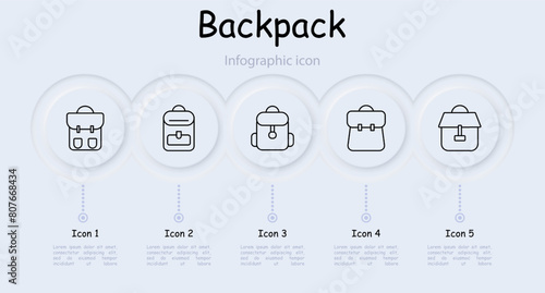 Backpack set icon. Rucksack, hike, travel, personal belongings, carry, school, sports, item of clothing and style, haversack, knapsack, infographic, neomorphism. Packsack concept.