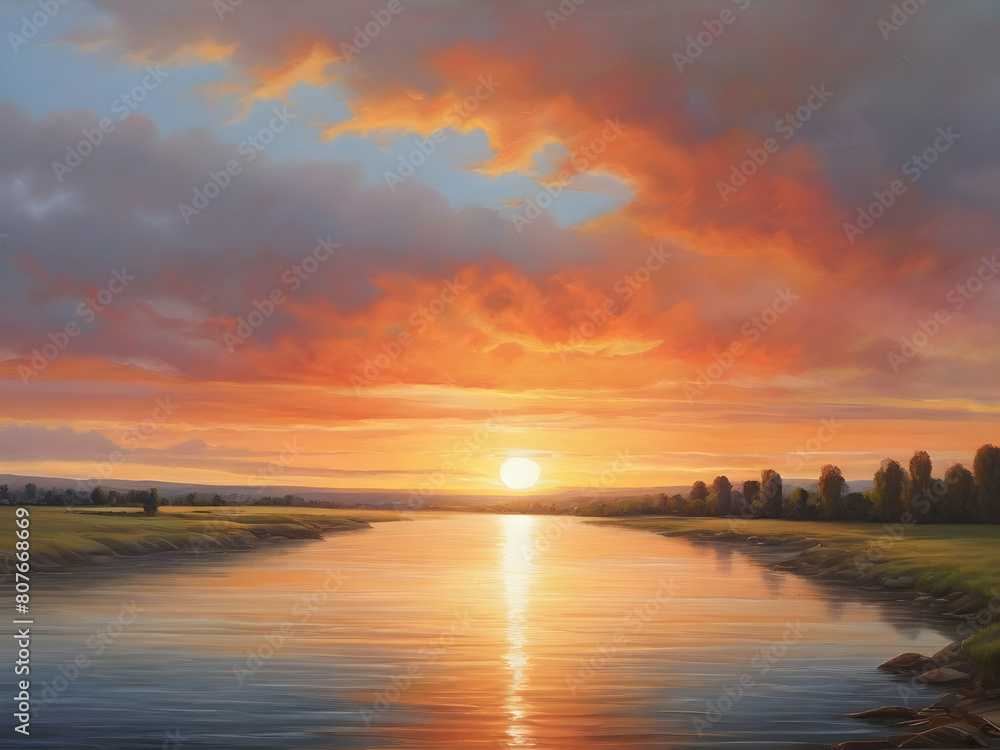 sunset over the river sky, water, sea, sun, sunrise, clouds, nature, lake,Ai generated 