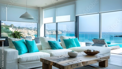 Motorized roller blinds and solar shades for modern automated interior design. Concept Smart Home Technology  Automated Window Treatments  Modern Interior Design  Motorized Roller Blinds