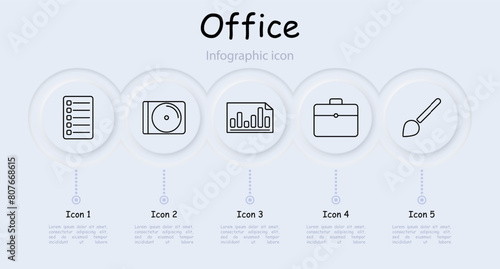 Office set icon. Form, check sheet, statistics, diagram, indicators, brush, briefcase, call, dossier, folder, portfolio, suitcase, hard drive, infographic, neomorphism. Department concept.