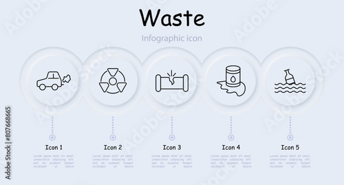 Waste set icon. Car, gas, refuse, tailings, cheeseparings, cracked pipe, bottle, water, garbage in ocean, radiation, rubbish, nuclear plant, nuclear waste, carbon gas, infographic. Refuse concept.