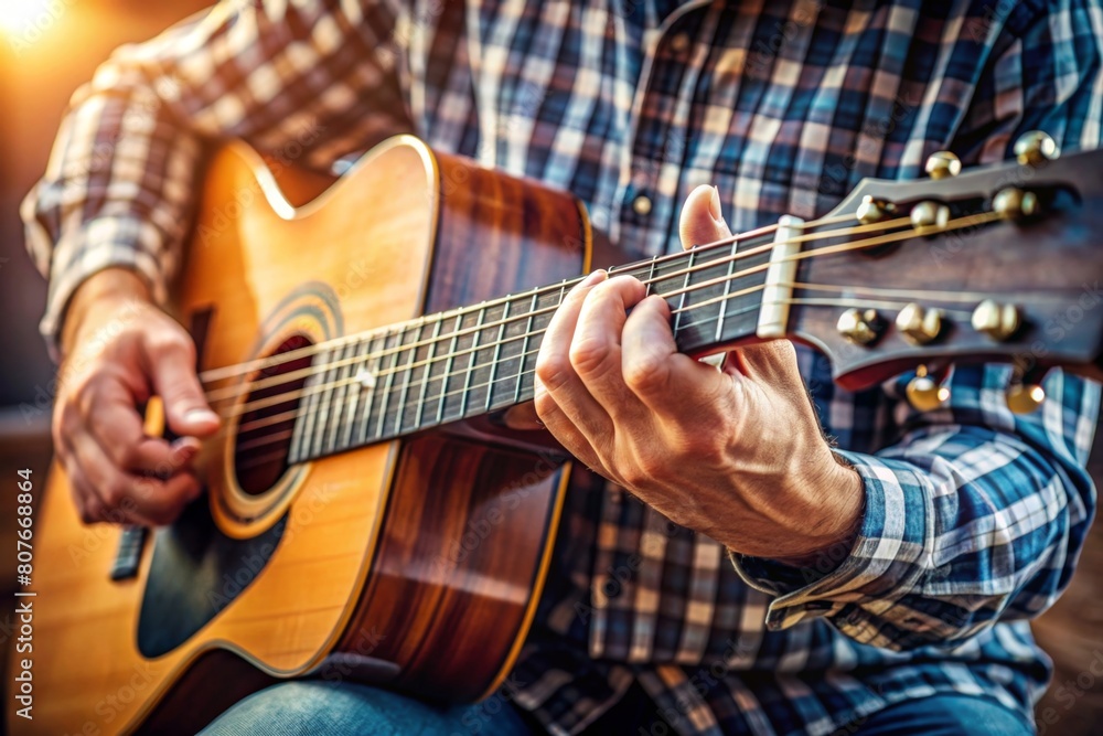 Fototapeta premium Hands, home and man with guitar, talent and instrument with strings, performance and musician. Learning, closeup and person with audio, production sound or worship with creativity and solo artist