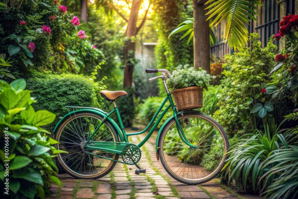 Green bicycle surrounded by lush plants in a serene setting