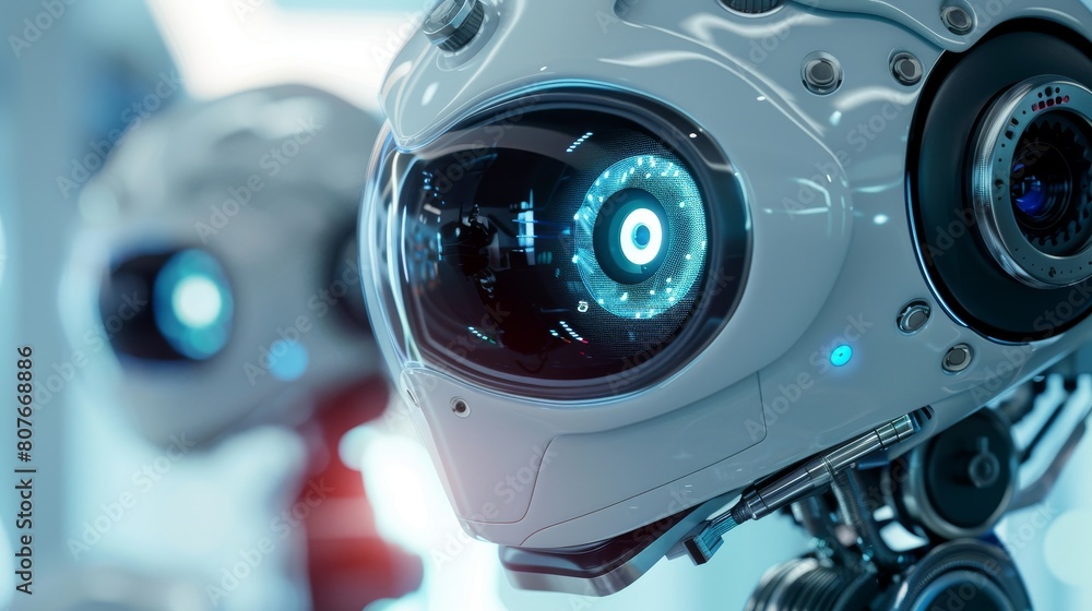 Fototapeta premium Intimate portrait of a robot ophthalmologist at work, subtly covering the right eye, portraying joy and professionalism in eye care