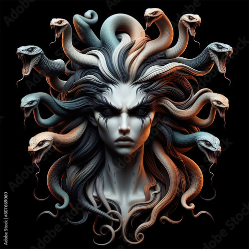 Medusa. Mythological female Gorgon with snakes in her head.