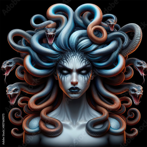 Medusa. Mythological female Gorgon with snakes in her head. Black background.