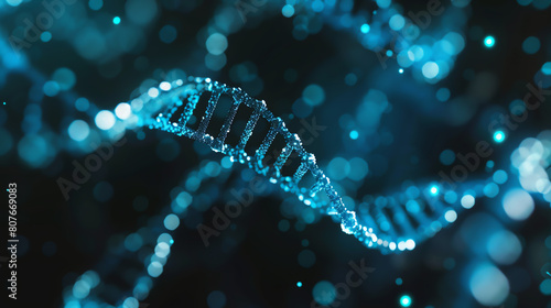 The image shows a 3D rendering of a DNA double helix. The DNA is blue and the background is black. The image is lit by a blue light. © arhendrix