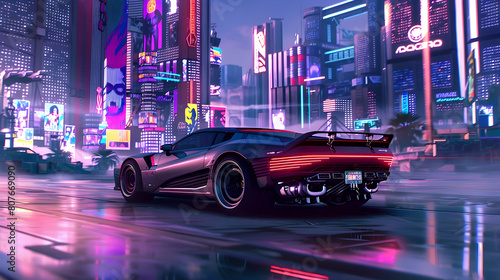 A sleek, futuristic car cruising through a neon-lit cityscape