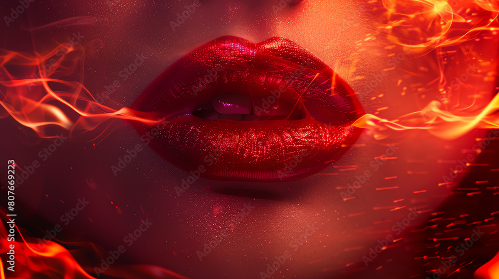 A close-up image of a woman's lips. The lips are slightly parted and have a fiery orange glitter lipstick. The background is black with a few orange sparks. A close-up image of a woman's lips. The lips are slightly parted and have a fiery orange glitter lipstick. The background is black with a few orange sparks.