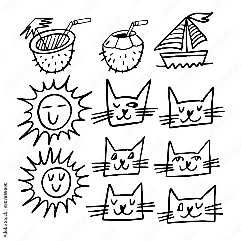 A set of mammal drawings include cats, with a sun, coconut, and boat sketch A set of mammal drawings include cats, with a sun, coconut, and boat sketch